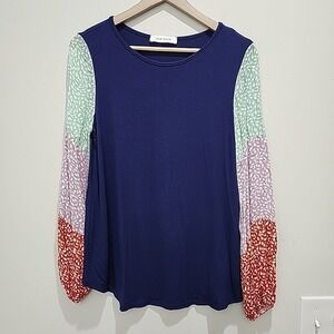 Raw Edge Women's Medium Boho Chic Long‎ Sleeve Top Patchwork Colorblock